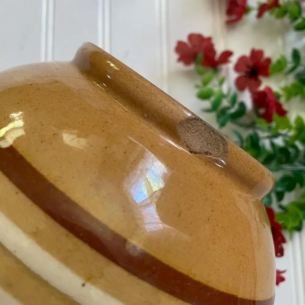 Antique 1930s Yellowware Stoneware Nesting Mixing Bowl White Brown Stripe Set x4